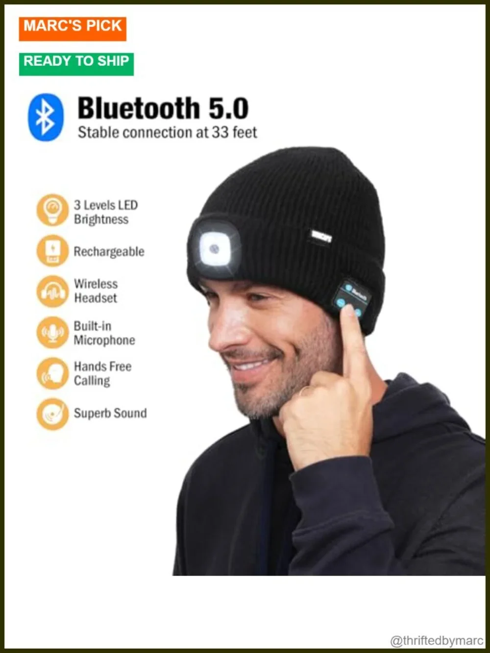 Fleece Lined Bluetooth LED Beanie with Speaker Mic, Hands-Free Light, Winter